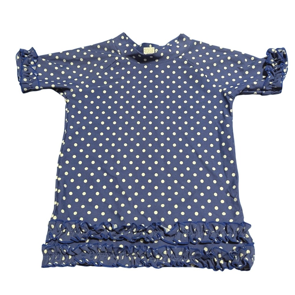 RuffleButts Girls 4T Navy Blue Polka Dot Ruffle Rash Guard Swim Top Short Sleeve